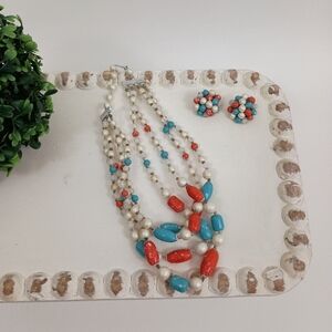 Vintage Faux Coral and Faux Turquoise Pearl Necklace and Clip On Earrings Set
